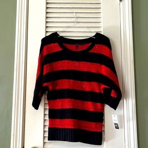 NWT New Directions Red / Black Knitted Sequin 3/4 Quarter Sleeve Sweater | Small